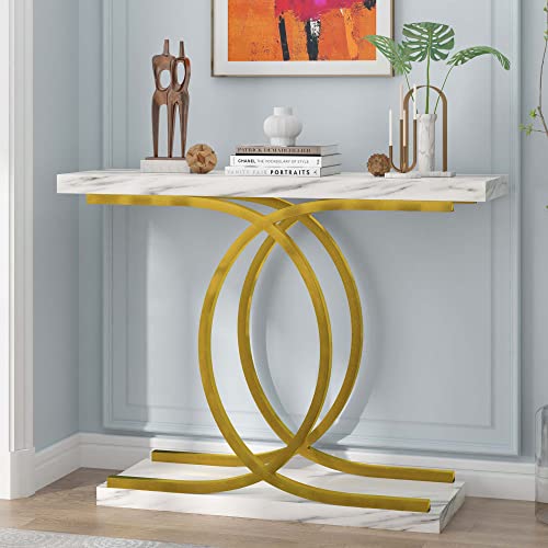 PAKASEPT Console Table with Gold Base, 40 inch White Faux Marble Narrow Entryway Table Foyer Table for Living Room, Entryway, Hallway, Entrance