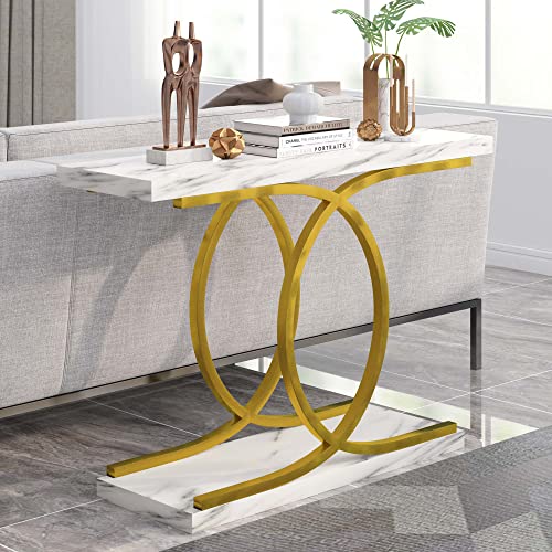 PAKASEPT Console Table with Gold Base, 40 inch White Faux Marble Narrow Entryway Table Foyer Table for Living Room, Entryway, Hallway, Entrance