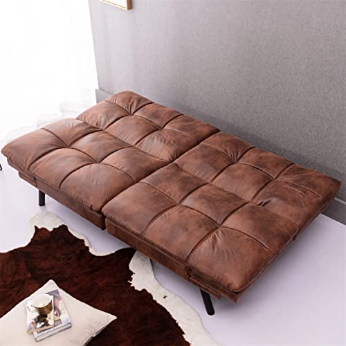 Futon Sofa Bed,Faux Leather Memory Foam Couch,Modern Convertible Loveseat Folding Sleeper Sofa with Adjustable Armrest and Backrest,Sofa Daybed Folding Recliner for Apartment Dorm Living Room,Brown