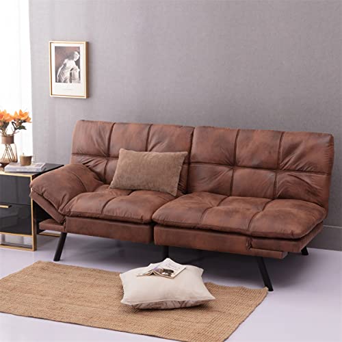 Futon Sofa Bed,Faux Leather Memory Foam Couch,Modern Convertible Loveseat Folding Sleeper Sofa with Adjustable Armrest and Backrest,Sofa Daybed Folding Recliner for Apartment Dorm Living Room,Brown