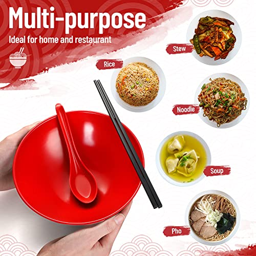 Eaasty 8 Set Ramen Bowl Japanese Style Ramen Bowls Melamine Noodles Bowl Asian Chinese Large Soup Bowls with Spoons and Chopsticks for Pho Udon Soba Asian Dishes Ramen Noodles, Black and Red