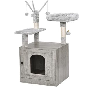 BEWISHOME Cat Litter Box Enclosure All-in-one Cat Tree with Litter Box Furniture Hidden Cat Tower with Plush Perch Scratching Posts Modern MMJ82Q