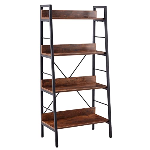 Ladder Shelf 4-Tier Bookshelf Plant Stand Kitchen Storage Rack Industrial Display Leaning Bookcase with Steel Frame Modern Wood Organizer Shelves Metal Furniture Home for Living Room Bedroom Office