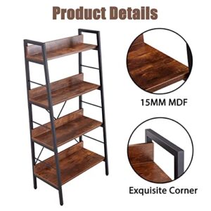 Ladder Shelf 4-Tier Bookshelf Plant Stand Kitchen Storage Rack Industrial Display Leaning Bookcase with Steel Frame Modern Wood Organizer Shelves Metal Furniture Home for Living Room Bedroom Office