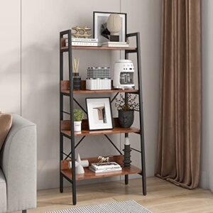 Ladder Shelf 4-Tier Bookshelf Plant Stand Kitchen Storage Rack Industrial Display Leaning Bookcase with Steel Frame Modern Wood Organizer Shelves Metal Furniture Home for Living Room Bedroom Office