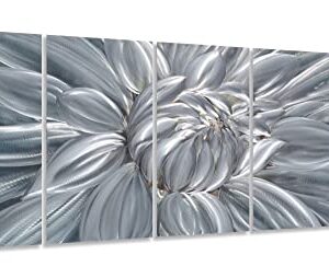 Yihui Arts Silver Metal Flower Wall Art, 5 Pieces Aluminum Artwork, Contemporary Botanical Sculpture for Living Room Bedroom Bathroom Decor