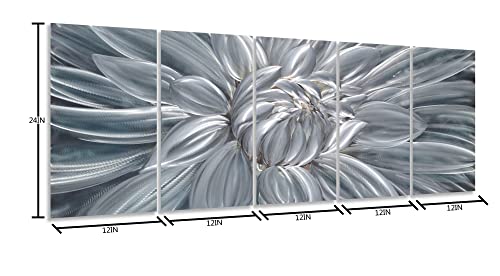 Yihui Arts Silver Metal Flower Wall Art, 5 Pieces Aluminum Artwork, Contemporary Botanical Sculpture for Living Room Bedroom Bathroom Decor