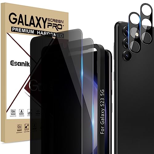 Esanik [2+2 Pack Privacy Screen Protector for Samsung Galaxy S23 5G 6.1-inch Anti Spy PET Film with Easy Installation Frame + Tempered Glass Camera Lens Protector Fingerprint ID Compatible