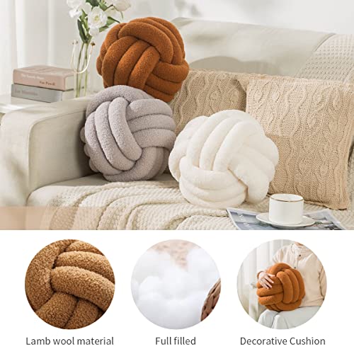 KUCCO Knot Pillow Ball 9.8inch Round White Throw Pillow Soft Home Decorative Pillow Boucle Circle Knotted Pillow Handmade Throw Pillow, Accent Pillows for Couch Sofa Bedroom