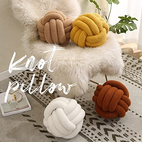 KUCCO Knot Pillow Ball 9.8inch Round White Throw Pillow Soft Home Decorative Pillow Boucle Circle Knotted Pillow Handmade Throw Pillow, Accent Pillows for Couch Sofa Bedroom