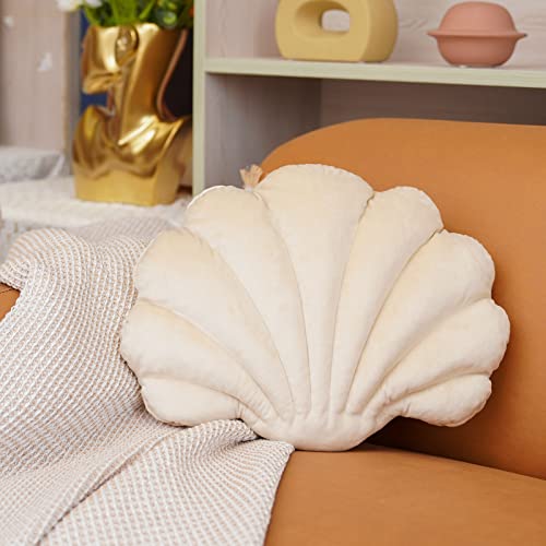 ARTMAGIC Seashell Shaped Decorative Throw Pillow 3D Velvet Cushion Ultra Soft Accent Floor Pillow for Couch Bed Sofa, Ivory, 14x11 inch