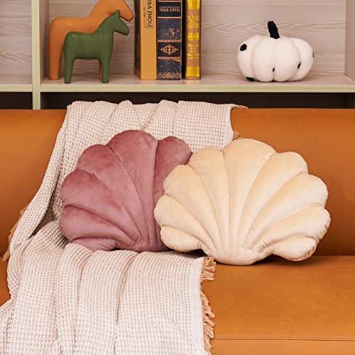 ARTMAGIC Seashell Shaped Decorative Throw Pillow 3D Velvet Cushion Ultra Soft Accent Floor Pillow for Couch Bed Sofa, Ivory, 14x11 inch