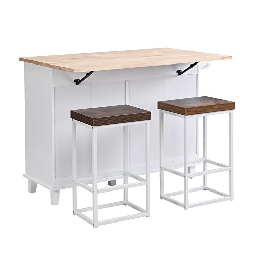 Polibi 3-Piece Kitchen Island Set with Drop Leaf Table and 2 Stools, 5 Drawers, Dining Table Set with Storage Cabinet, Drawers and Towel Rack,White