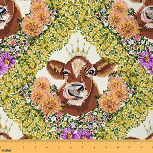 cartoon cow fabric by the yard watercolor blooming flowers farm animal decor fabric for kids teens adults rustic farmhouse style fabric for diy upholstery and home accents 1 yard
