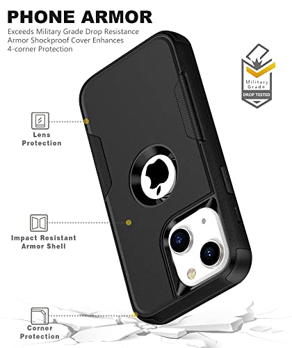 RonShieh Defender Case for iPhone 14 with Holster Belt Clip: [2pcs Screen Protectors + Camera Lens Protector] Heavy Duty Protective Shockproof Rugged Hard Phone Cover for Men, Black