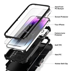 RonShieh Defender Case for iPhone 14 with Holster Belt Clip: [2pcs Screen Protectors + Camera Lens Protector] Heavy Duty Protective Shockproof Rugged Hard Phone Cover for Men, Black