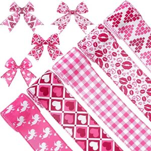 kuscul 25 yards valentine wired edge ribbons, 2 1/2 inch rose pink style lips love heart cupid pattern buffalo plaid ribbons for valentine's day anniversary diy craft wedding party wreath bow