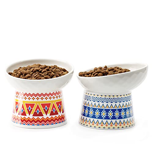 YauYik Raised Cat Food Bowls - Ceramic Tilted Cat Food and Water Bowl Set - Elevated Pet Feeding Bowls Stress Free for Kitten Elder Cats Small Dogs, Anti Vomiting, Neck Protection, Set of 2