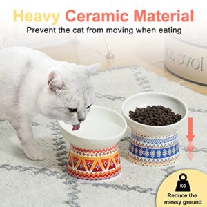 YauYik Raised Cat Food Bowls - Ceramic Tilted Cat Food and Water Bowl Set - Elevated Pet Feeding Bowls Stress Free for Kitten Elder Cats Small Dogs, Anti Vomiting, Neck Protection, Set of 2