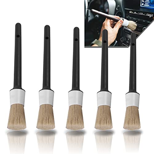 Ajxn 5 Pack Car Detail Brush Set, Different Sizes Fiber Soft Boar Hair Auto Dedust Brush, Car Interior Exterior Non-marking Clean Brush, Suitable for Cars Wheels, Engine Bay, Seats, Air Vents (Black)