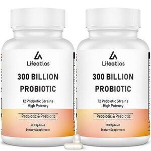 lifeatlas 300 billion cfu probiotics - probiotics for women and men - 12 probiotic strains plus 3 organic prebiotic, probiotics for digestive health, gut & immune health, gas & bloating, 120 capsules