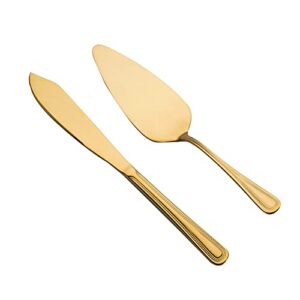 zeeneek wedding cake knife and server set, 2 pieces gold stainless steel cake knife pie server cake cutting set serving utensils for wedding, birthday, parties and events christmas(gold)