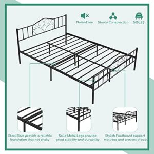 Airdown Queen Metal Bed Frame, Queen Size Platform Bed Frame with Vintage Headboard and Footboard, Mattress Foundation with Steel Slat Support, No Box Spring Needed, Easy Assembly, Black