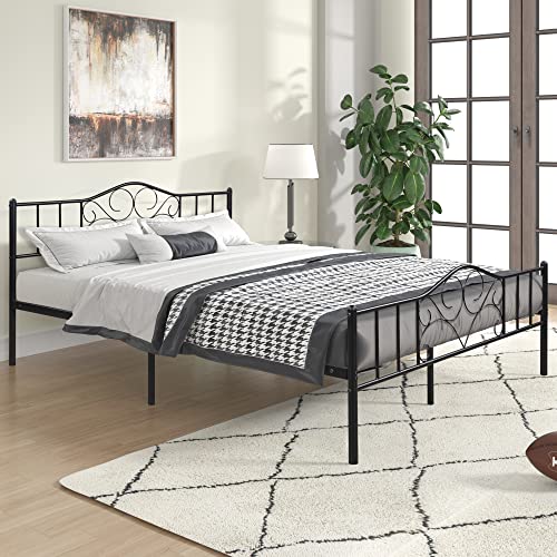Airdown Queen Metal Bed Frame, Queen Size Platform Bed Frame with Vintage Headboard and Footboard, Mattress Foundation with Steel Slat Support, No Box Spring Needed, Easy Assembly, Black