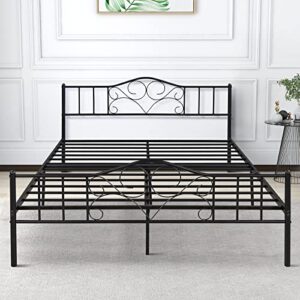 airdown queen metal bed frame, queen size platform bed frame with vintage headboard and footboard, mattress foundation with steel slat support, no box spring needed, easy assembly, black