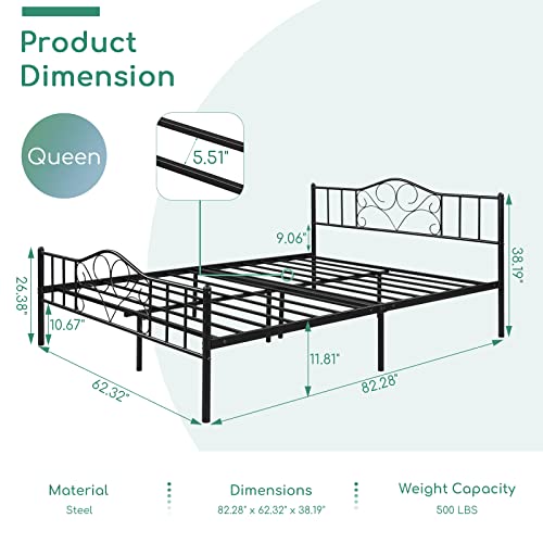 Airdown Queen Metal Bed Frame, Queen Size Platform Bed Frame with Vintage Headboard and Footboard, Mattress Foundation with Steel Slat Support, No Box Spring Needed, Easy Assembly, Black
