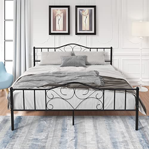 Airdown Queen Metal Bed Frame, Queen Size Platform Bed Frame with Vintage Headboard and Footboard, Mattress Foundation with Steel Slat Support, No Box Spring Needed, Easy Assembly, Black