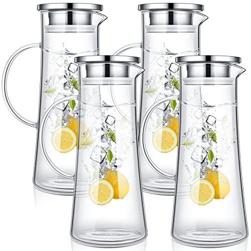 4 Pieces Glass Pitcher with Lid and Spout Heat Resistant Glass Water Carafe with Handle 1.5 Liter 51 oz Juice Beverage Pitcher with Stainless Steel Lid for Hot Cold Beverages Iced Tea Bar Kitchen