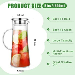 4 Pieces Glass Pitcher with Lid and Spout Heat Resistant Glass Water Carafe with Handle 1.5 Liter 51 oz Juice Beverage Pitcher with Stainless Steel Lid for Hot Cold Beverages Iced Tea Bar Kitchen