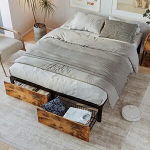 IRONCK Full Bed Frame with Storage Drawer, Platform Bed Frame Queen Size Wooden Board Decor, Strong Steel Slat Support, No Box Spring Needed, Space-Saving