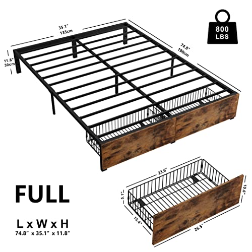 IRONCK Full Bed Frame with Storage Drawer, Platform Bed Frame Queen Size Wooden Board Decor, Strong Steel Slat Support, No Box Spring Needed, Space-Saving