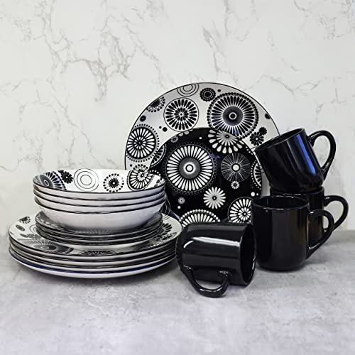 16 Pieces Dinnerware Set, Stoneware, plates and bowls sets, Service for 4, Porcelain, Decorated Mod Dot Black, Microwave Dishwasher Safe, Chip Resistant, for everyday casual kitchen and formal dinner