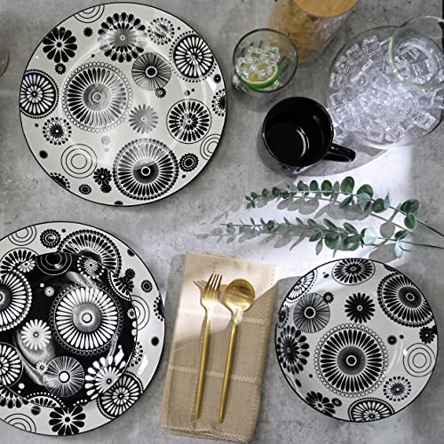16 Pieces Dinnerware Set, Stoneware, plates and bowls sets, Service for 4, Porcelain, Decorated Mod Dot Black, Microwave Dishwasher Safe, Chip Resistant, for everyday casual kitchen and formal dinner