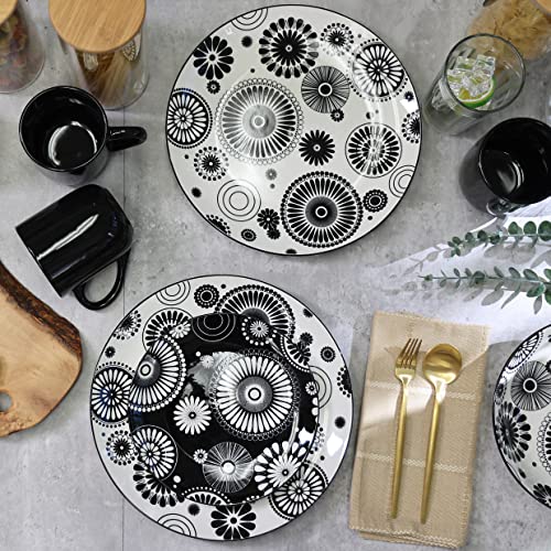 16 Pieces Dinnerware Set, Stoneware, plates and bowls sets, Service for 4, Porcelain, Decorated Mod Dot Black, Microwave Dishwasher Safe, Chip Resistant, for everyday casual kitchen and formal dinner