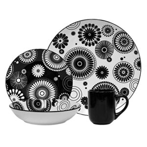 16 Pieces Dinnerware Set, Stoneware, plates and bowls sets, Service for 4, Porcelain, Decorated Mod Dot Black, Microwave Dishwasher Safe, Chip Resistant, for everyday casual kitchen and formal dinner