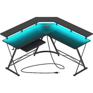 rolanstar l shaped computer desk with led lights and power outlets, 54" gaming desk with keyboard tray, corner desk with monitor stand, home office desk with hook, black