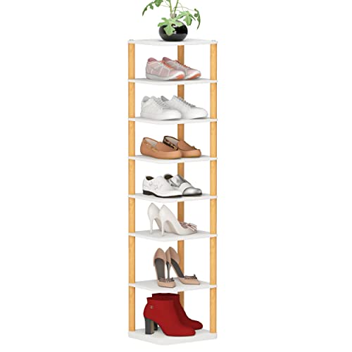 GREENSOZ 8 Tiers Vertical Shoe Rack, Shoe Organizer for Entryway, Narrow Shoe Storage, Space Saving Shoe Shelf, Shoe Tower, Free Standing Shoe Shelf, Wooden Shoe Storage, Three-Minute Assembly