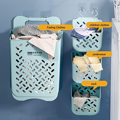 PEvTN Collapsible Wall Mounted Laundry Baskets, Tall Plastic Hamper for Dirty Clothes, Large Laundry Basket Hamper with 2 Soft Handles, Space-Saving Plastic Dirty Clothes Organizer-Blue||Small