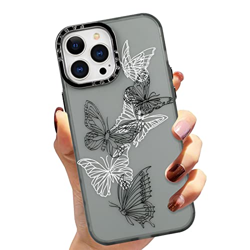 Mophinda for iPhone 13 Pro 6.1''2021 Translucent Matte Soft Phone Case, Cute Black and White Butterfly Printing (Screen Tempered Film X1) Suitable for Girls Ladies Boys Men（Black Base Color）