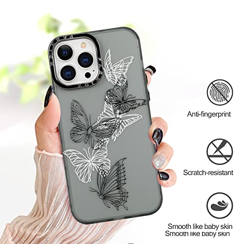 Mophinda for iPhone 13 Pro 6.1''2021 Translucent Matte Soft Phone Case, Cute Black and White Butterfly Printing (Screen Tempered Film X1) Suitable for Girls Ladies Boys Men（Black Base Color）