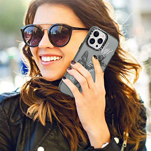 Mophinda for iPhone 13 Pro 6.1''2021 Translucent Matte Soft Phone Case, Cute Black and White Butterfly Printing (Screen Tempered Film X1) Suitable for Girls Ladies Boys Men（Black Base Color）