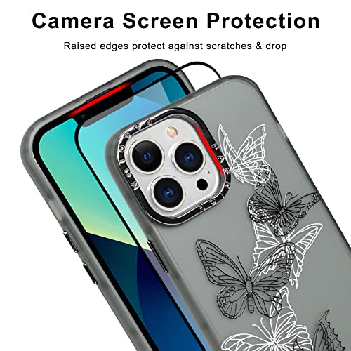 Mophinda for iPhone 13 Pro 6.1''2021 Translucent Matte Soft Phone Case, Cute Black and White Butterfly Printing (Screen Tempered Film X1) Suitable for Girls Ladies Boys Men（Black Base Color）