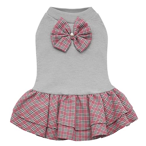 KYEESE Dog Dress Plaid with Bowknot Light Weight Pet Apparel for Small Dogs Cats Puppy Dog Outfits, Grey M