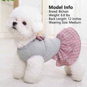 KYEESE Dog Dress Plaid with Bowknot Light Weight Pet Apparel for Small Dogs Cats Puppy Dog Outfits, Grey M