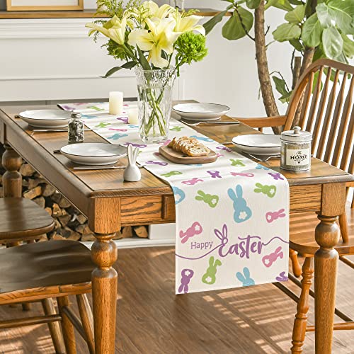 Artoid Mode Bunny Rabbit Doll Color Happy Easter Table Runner, Seasonal Spring Holiday Kitchen Dining Table Decoration for Home Party Decor 13x72 Inch