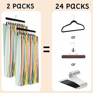Pant Organizer for Closet, Knaive 2 Pack Pants Hangers Space Saving with 24 Strong Grip Clips Holds Leggings/Jeans/Hats/Wigs, Closet Organizer and Storage, Black Wood Hanger for Women Gift
